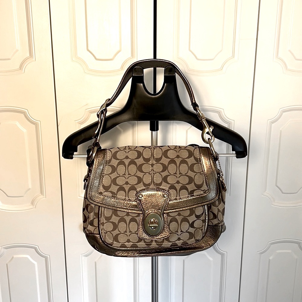 Coach C-Signature Vintage 100% Authentic Tan Leather and Canvas Gold Handbag
